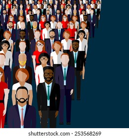 vector flat illustration of business or politics community. a large group of men and women (business community or politicians) wearing suits, ties and dresses.