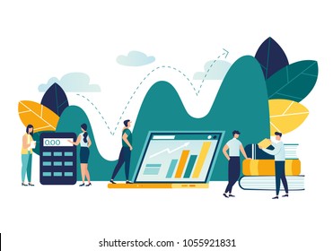 Ilustração plana vetorial, promoção de negócios, decolagem na escada de carreira, análise de dados e infográficos de investimento visão geral