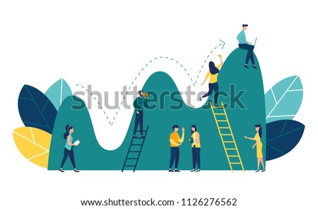 Vector flat illustration, business promotion, take-off on the career ladder, data analysis and investment infographics overview