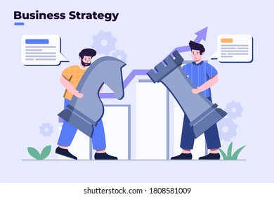 vector flat illustration business stratery planning concept with knigh & rook chess piece with analytic data marketing. strategy to incrase profit. business plan with teamwork. landing page website UI