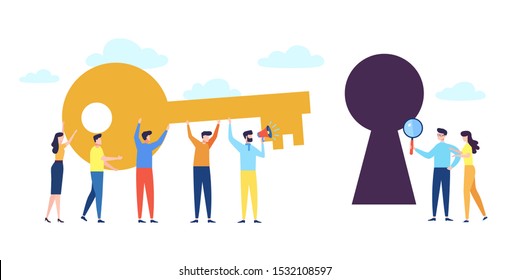 Vector flat illustration of business team cartoon characters going together with big key in raised hands to unlock a lock. Business solution, key to success concept for web banner, webpage