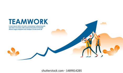 Vector flat illustration of business teamwork. Little people characters working together and holding graph arrow on the way to success. Financial success, cooperation, collaboration. - Vector