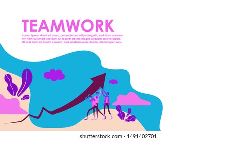 Vector flat illustration of business teamwork. Little people characters working together and holding graph arrow on the way to success. Financial success, cooperation, collaboration. - Vector