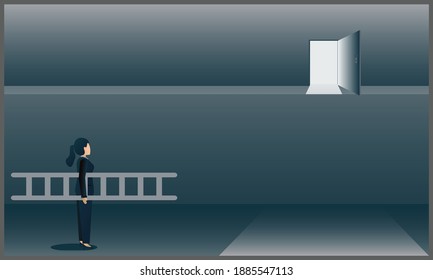 vector flat illustration of business women holding white stairs to get to success