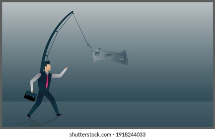 vector flat illustration of businessman chasing money on fishing rods