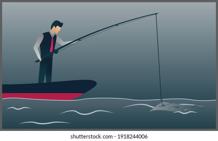 vector flat illustration of businessman fishing money from the boat