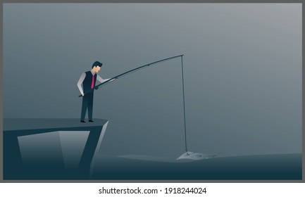 vector flat illustration of businessman fishing money from cliffs