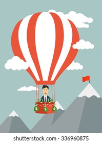 Vector flat illustration of a businessman flying on aeronautics balloon through clouds to the peak of mountain. Concept of reaching a goal and financial growth.