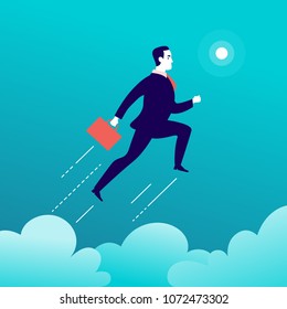 Vector flat illustration with businessman jumping above l couds on blue sky. Motivation, moving upwards, aspirations, new aims and perspectives, achievements - metaphor.