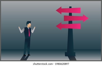vector flat illustration of a businessman looking at multiple road sign