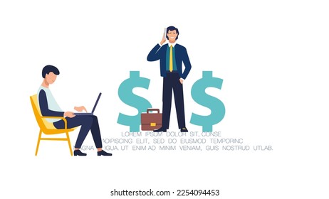 Ilustración plana vectorial. Un hombre de negocios negocia finanzas, un empleado trabaja en una laptop. Plan de negocios anual. Banner, presentación, ahorro financiero, negocio.Economía comercial, banca electrónica