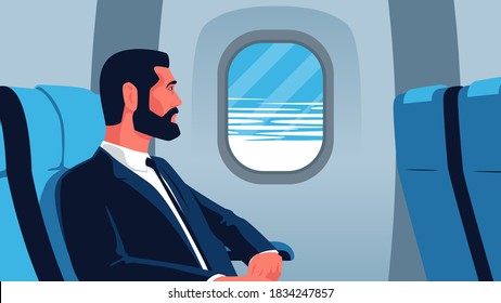 Vector Flat Illustration Of A Businessman On The Plane Looking Out The Window. Bearded Man In Suit On Business Trip By First Class Flight. Person Aboard Plane Looking Through The Window At The Clouds