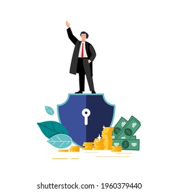 Ilustración plana vectorial. Empresario en el escudo, monedas, protección de dinero, para página web, banner, presentación, seguro de ahorro financiero, negocios. Economía empresarial segura, banca electrónica