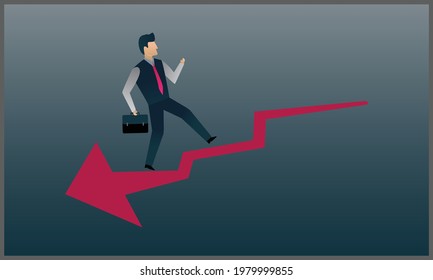 vector flat illustration of businessman runs up the red arrow, symbol of crisis