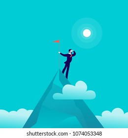 Vector flat illustration with businessman standing on top of mountain peak holding flag on blue clouded sky background. Victory, achievement, reaching aim, aspirations, motivation, leader - metaphor.