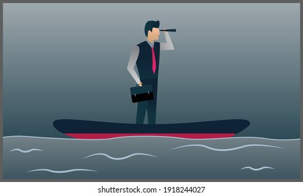 Vektorebene Illustration eines Geschäftsmanns, der auf einem Schiff steht und nach vorn blickt