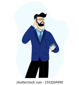 Vector flat illustration with businessman in suit and headphones. Concept of creative business, leisure. Cards, invitations, posters, advertising, web design, printing and other products can be used.