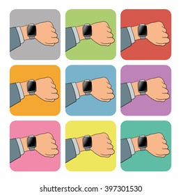 Vector flat illustration of businessman's hand with electronic intelligence watch and technology functions - vector illustration set
