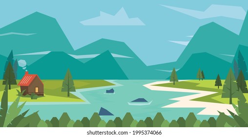 Vector flat illustration of a cabin on the meadow with lake and mountains as background with blue sky. Wildlife.