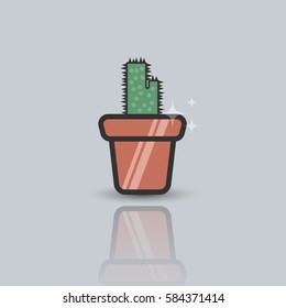 Vector flat illustration of cactus in the flowerpot. Lineart icon on the grey background.