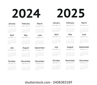 Vektorflache Illustration. Kalender für 2024 und 2025 auf hellem Hintergrund. Ideal für die Gestaltung Ihres Arbeitsplatzes.