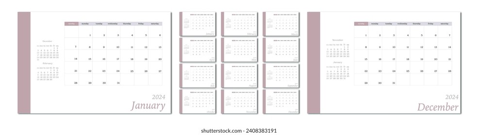 Vector flat illustration. Calendar for 2024 on a light background. Ideal for the design of your workplace.