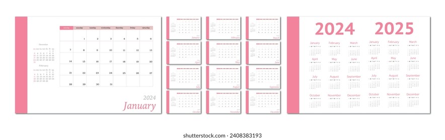 Ilustración plana vectorial. Calendario para 2024 y 2025 sobre un fondo ligero. Ideal para el diseño de su lugar de trabajo.