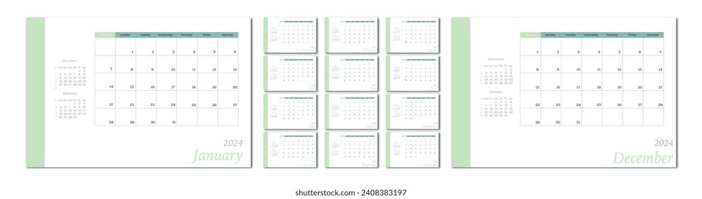 Vector flat illustration. Calendar for 2024 on a light background. Ideal for the design of your workplace.