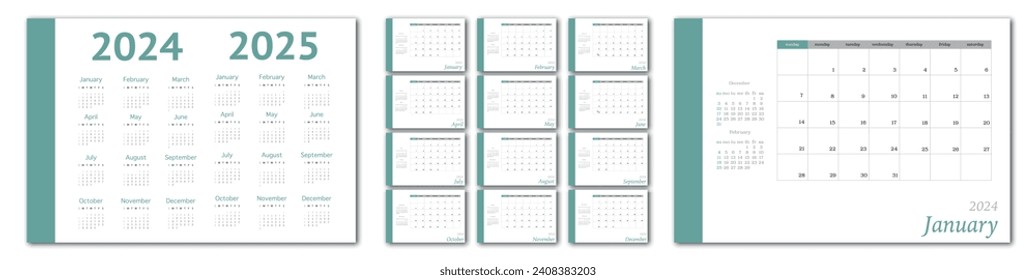 Vector flat illustration. Calendar for 2024 and 2025 on a light background. Ideal for the design of your workplace.