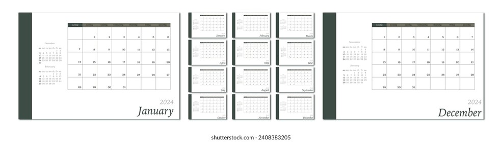 Vector flat illustration. Calendar for 2024 on a light background. Ideal for the design of your workplace.