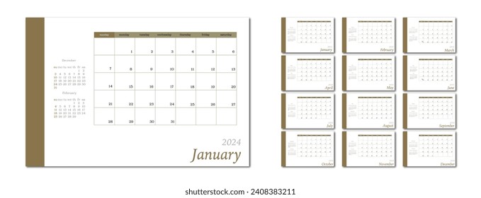 Vector flat illustration. Calendar for 2024 on a light background. Ideal for the design of your workplace.