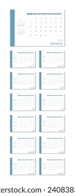 Ilustración plana vectorial. Calendario para 2024 con un fondo ligero. Ideal para el diseño de su lugar de trabajo.