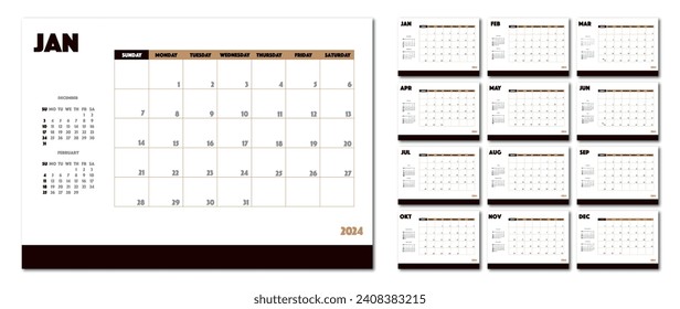 Vector flat illustration. Calendar for 2024 on a light background. Ideal for the design of your workplace.