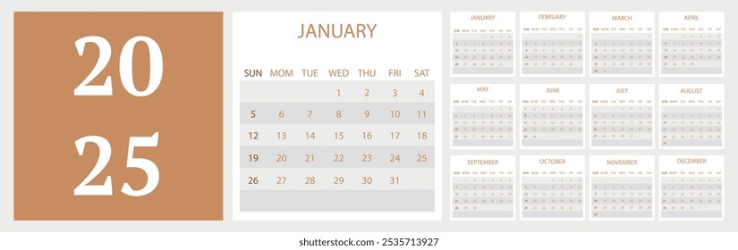 Vector flat illustration. Calendar for 2025. Modern design on a light background. Perfect for your workplace design.