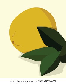 Vector flat illustration in calm colors. Yellow lemon with green leaves. Drawing of food, citrus fruits on a light background. Design for cards, posters, backgrounds, textiles, templates, menus.