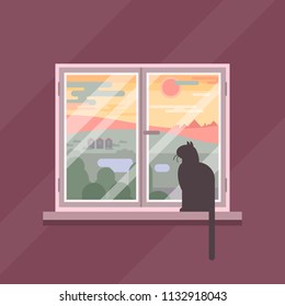 Vector flat illustration with calm window view. Cat silhouette with tail looking outside to lake, houses, city, trees, sunset, clouds and sky. Cozy purple walls in room with casement, pet and sill.