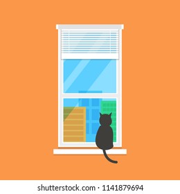 Vector flat illustration with calm window view. Cat silhouette with tail looking outside to lake, houses, city, trees, sunset, clouds and sky. Cozy purple walls in room with casement, pet and sill.