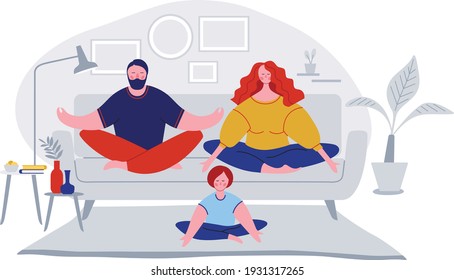 Vector flat illustration of calm young family with little daughter sit on couch practice yoga together, happy parents with small preschooler girl child rest on sofa meditate relieve negative emotions 