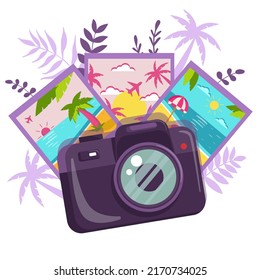 Vector flat illustration of camera and vacation photos. Summer greeting card. Vacation photos. Summer memories of sea.