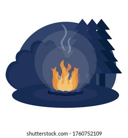 Vector flat illustration. Campfire, firewood, camp, forest, night.