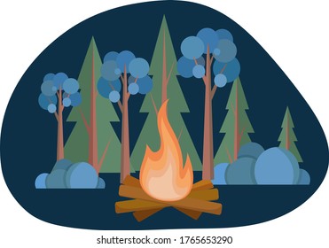 Vektorflache Illustration. Feuer, Feuerholz, Lager, Wald, Nacht. Scout-Button.