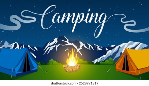 Vector plano ilustración camping. Fondo de la naturaleza con hierba, bosque, montañas y colinas. Actividades al aire libre. Carpa y campamento de bomberos. Ilustración vectorial en diseño plano. campamento nocturno.