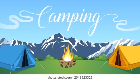 Vector plano ilustración camping. Fondo de la naturaleza con hierba, bosque, montañas y colinas. Actividades al aire libre. Carpa y campamento de bomberos