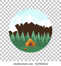Vector flat illustration camping. Nature background with grass, forest, mountains and hills. Outdoor activities. Tent and fire camp
