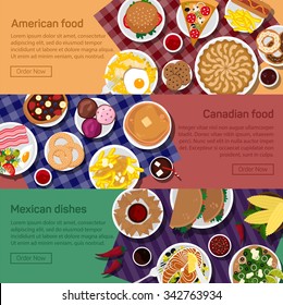 Vector flat illustration of canadian, american, mexican national dishes.Pizza, fried potato, roasted egg meals.Hot chocolate for drinking. Hot dog, poutine, chili pepper, guacamole, butter tarts.