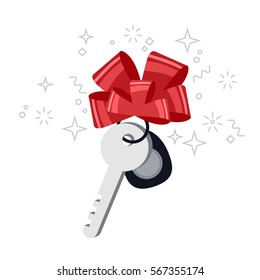 Vector flat illustration of car key wrapped with red ribbon. Present key