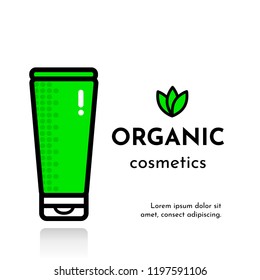 Vector flat illustration card with icon tooth paste (or balm, lotion, cream). Text: Organic cosmetics.  Logo with 3 green leaf.