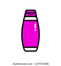 Vector flat illustration card with icon bottle for shampoo, shower gel, liquid soap, lotion, cream or etc. Pink and black on a white background