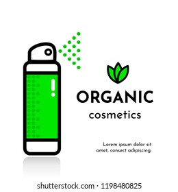 Vector flat illustration card with icon deodorant spray (antiperspirant). Text: Organic cosmetics.  Logo with 3 green leaf.