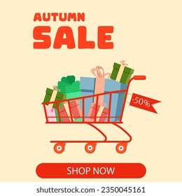 Ilustración plana vectorial, carro con regalos y tarjeta -50%. Plantilla estacional de banner brillante para la venta del otoño.
